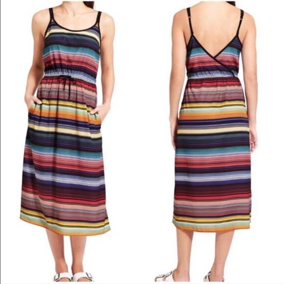 Athleta | Havana Bold Multi Color Striped Cross V-Back Midi Dress with Pockets - Picture 1 of 12